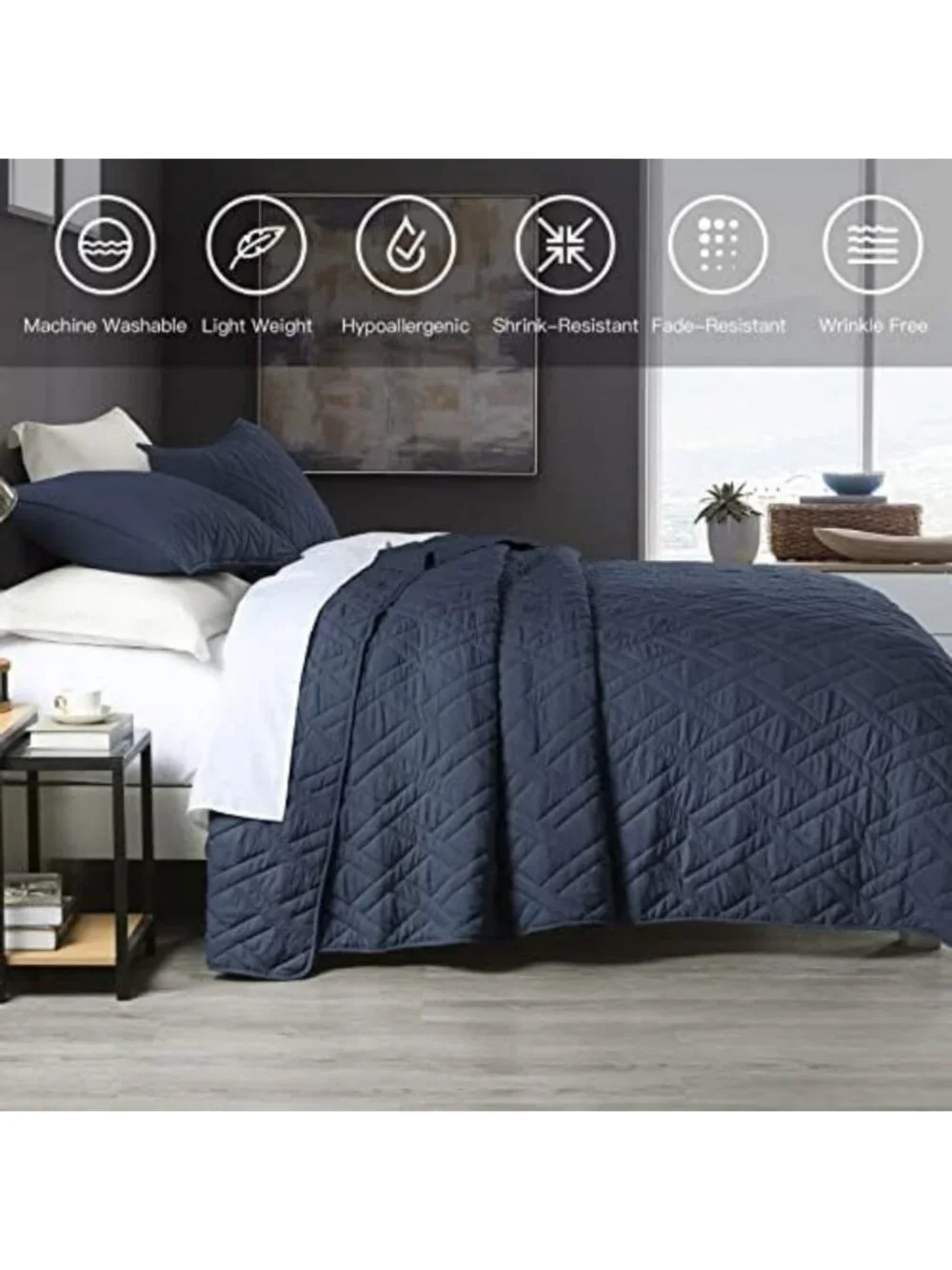 Navy Blue Queen Quilt Set - Soft Microfiber, Geometric Diamond Pattern